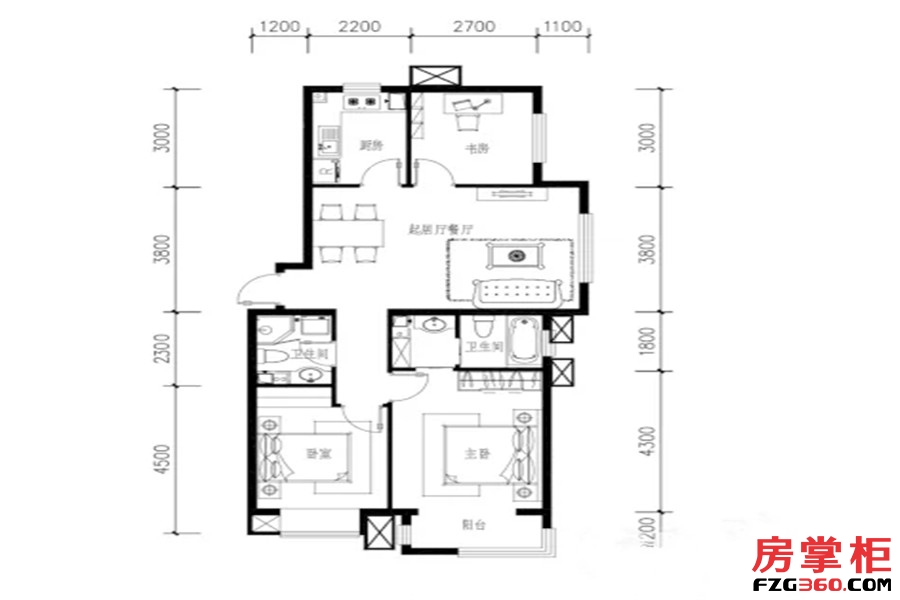 A2户型 3室2厅2卫1厨 109.49平米