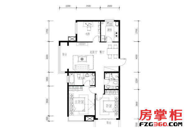 A1户型 3室2厅2卫1厨 117.55平米