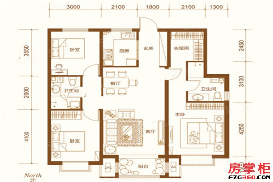 C户型 3室2厅2卫1厨 127.60平米