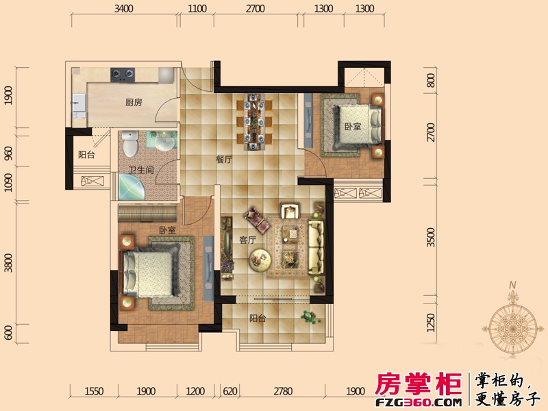 汉江梦19582#—5#、7#楼南向E户型 2室2厅1卫1厨