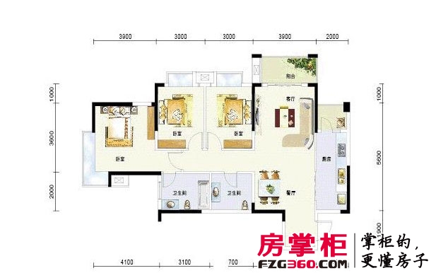 西江国际户型图D型 3室2厅2卫1厨