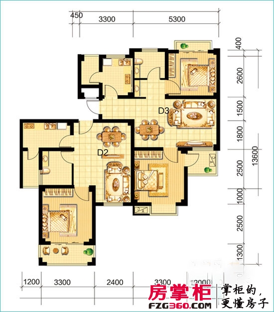 佛光山水花园C区户型图D2户型 1室2厅1卫1厨