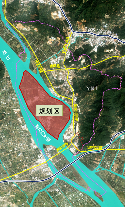 本次规划片区位于中山市神湾镇的西部,濒临西江磨刀岛水道,规划范围以
