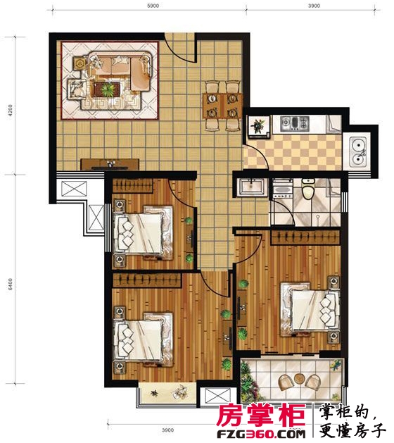 东方骏景户型图2号楼D户型 3室1厅1卫1厨