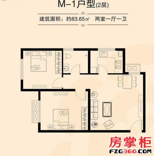 物华国际 M-1户型 两室一厅一卫 83.65平